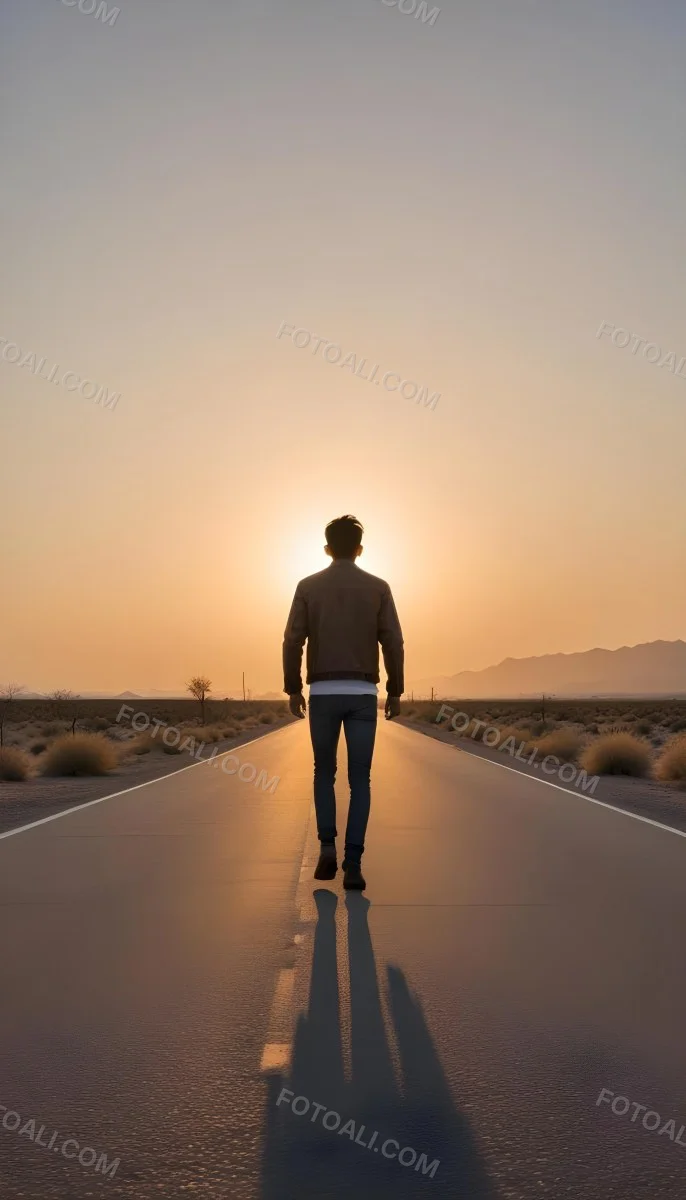 A 25 Year Old Indian Man With Black Hair Walking Away On A Road During Sunset Wearing A Jacket And Jeans In A Desert Landscape 5 Ea28