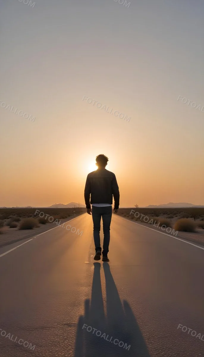 A 25 Year Old Indian Man With Black Hair Walking Away On A Road During Sunset Wearing A Jacket And Jeans In A Desert Landscape 6 036b
