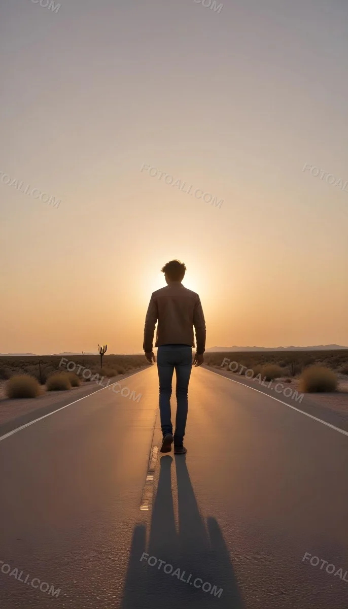 A 25 Year Old Indian Man With Black Hair Walking Away On A Road During Sunset Wearing A Jacket And Jeans In A Desert Landscape 9 Be11