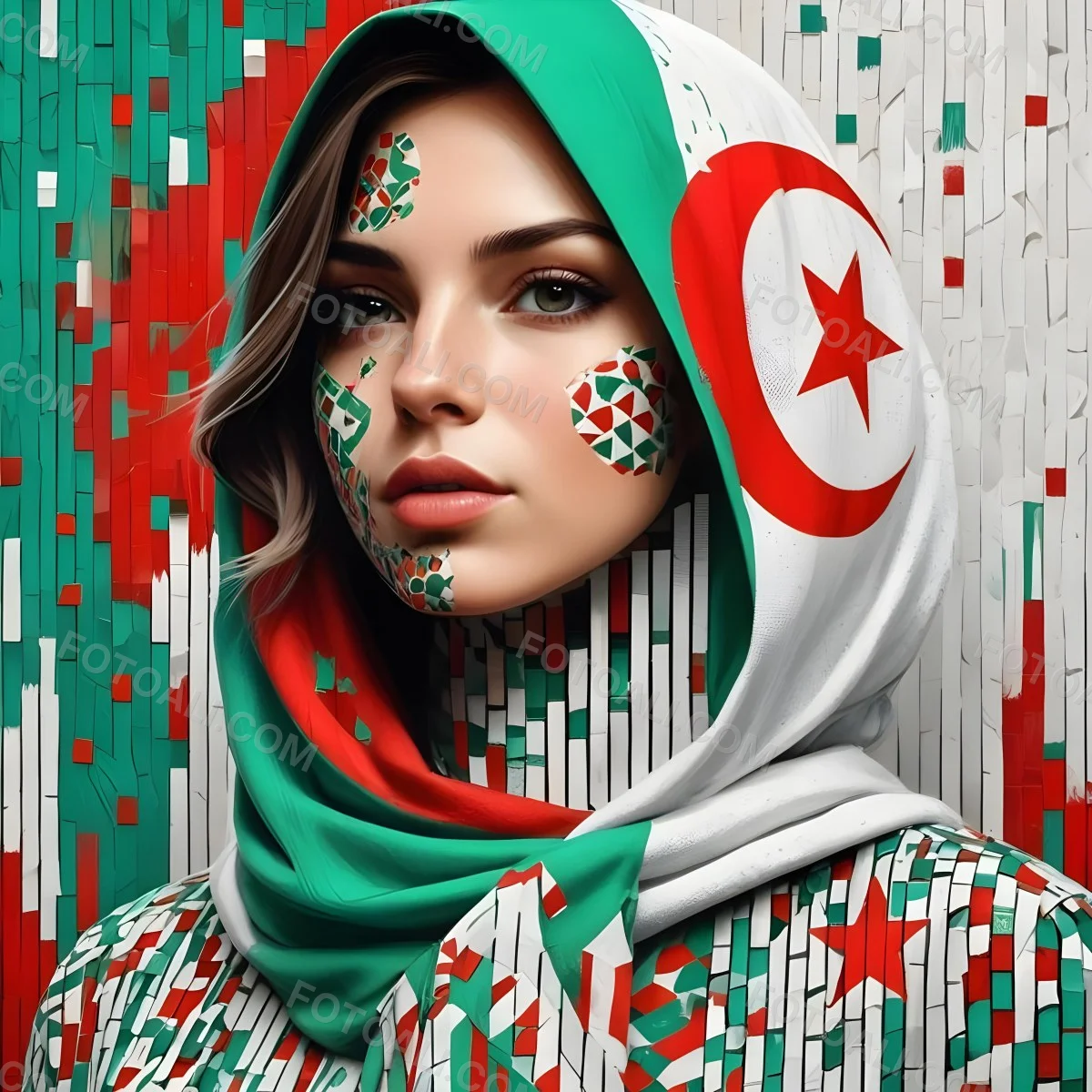 A 25 Year Old White Woman With A Algeria Flag Hijab Mosaic Face Wearing A Red White And Green Patterned Shirt In Front Of A Red White And Green Background 1 5471