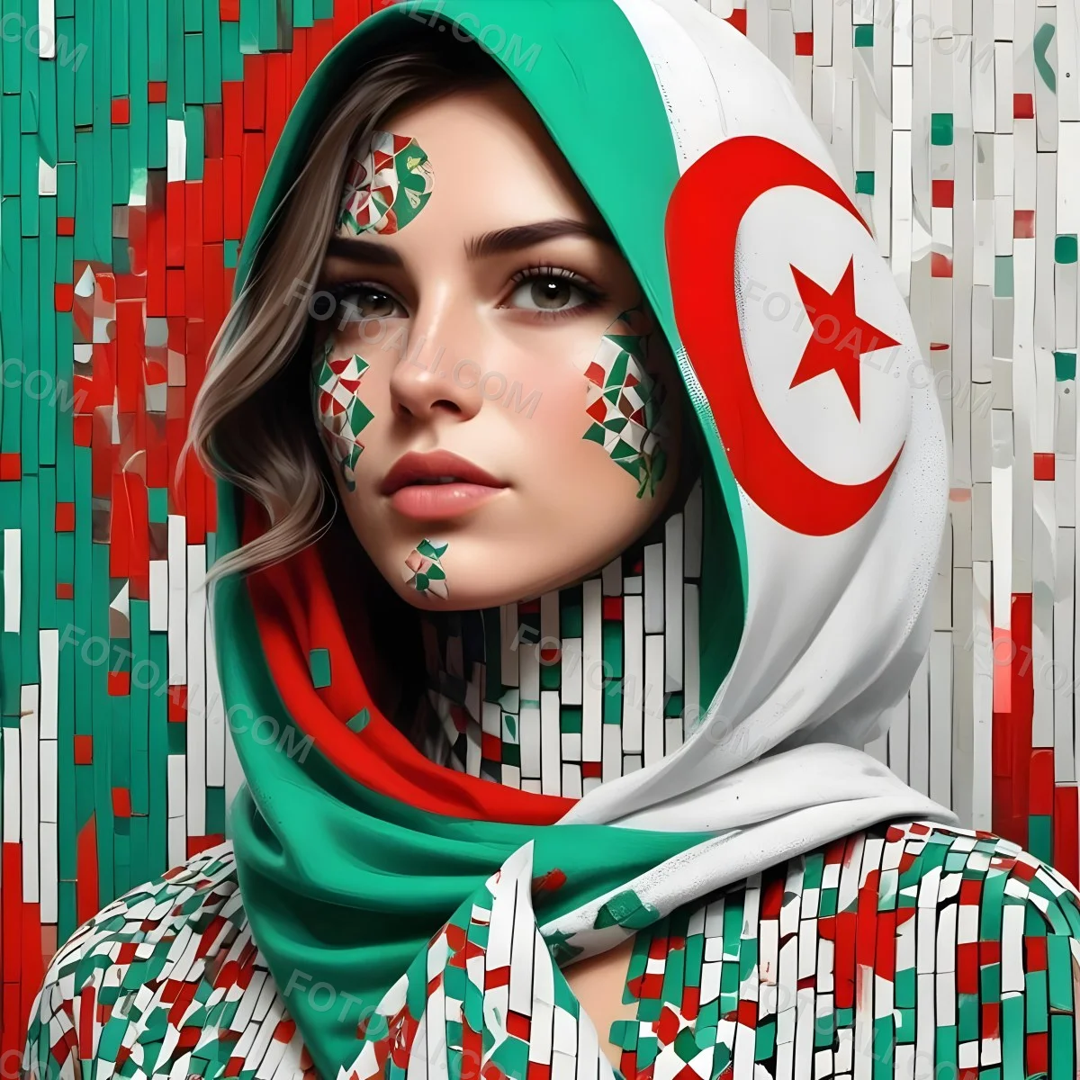 A 25 Year Old White Woman With A Algeria Flag Hijab Mosaic Face Wearing A Red White And Green Patterned Shirt In Front Of A Red White And Green Background 2 529a