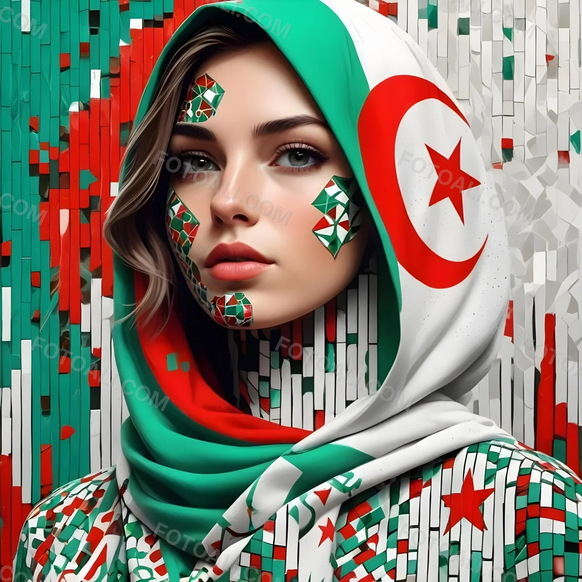 A 25 Year Old White Woman With A Algeria Flag Hijab Mosaic Face Wearing A Red White And Green Patterned Shirt In Front Of A Red White And Green Background 3 8523