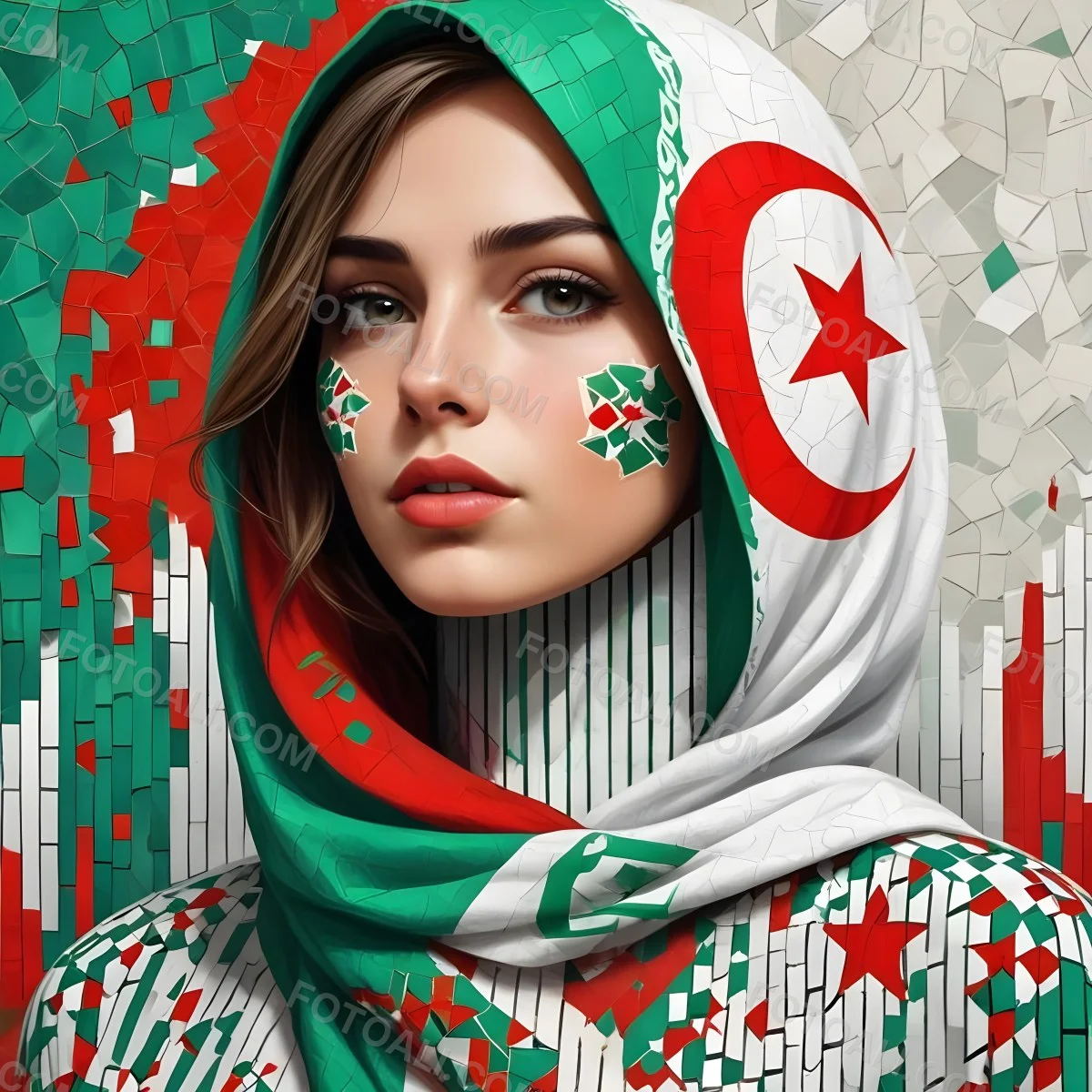 A 25 Year Old White Woman With A Algeria Flag Hijab Mosaic Face Wearing A Red White And Green Patterned Shirt In Front Of A Red White And Green Background 6 71ef