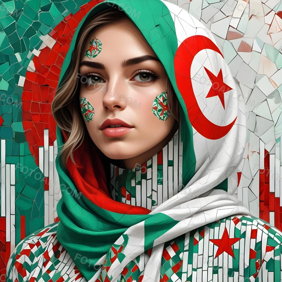 A 25 Year Old White Woman With A Algeria Flag Hijab Mosaic Face Wearing A Red White And Green Patterned Shirt In Front Of A Red White And Green Background 8 2b36