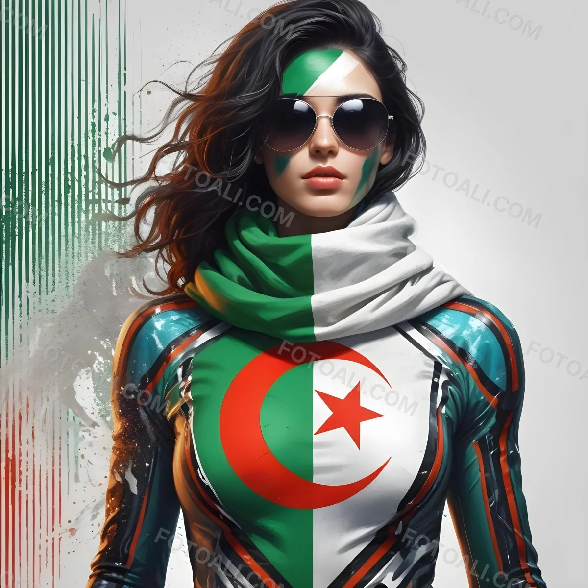 A 25 Year Old White Woman With Black Sunglasses And Wavy Black Hair Algeria Flag Painted On Her Face And Body White Scarf Futuristic Suit White Background 1 0970