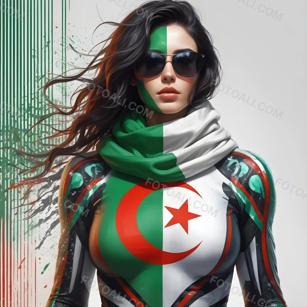 A 25 Year Old White Woman With Black Sunglasses And Wavy Black Hair Algeria Flag Painted On Her Face And Body White Scarf Futuristic Suit White Background 2 0136