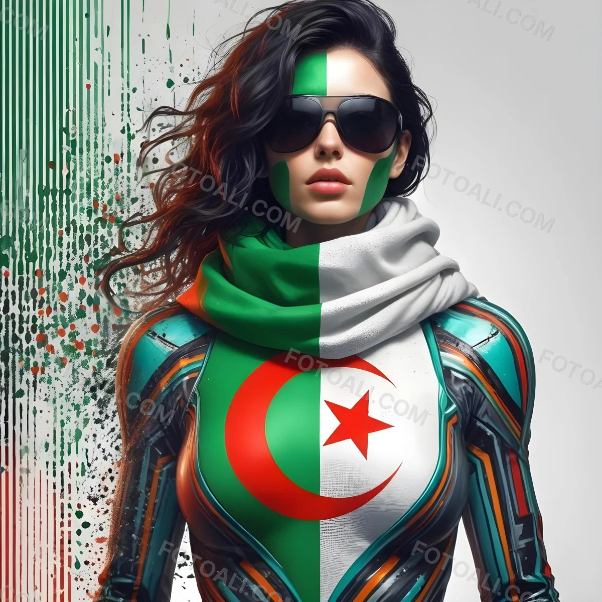 A 25 Year Old White Woman With Black Sunglasses And Wavy Black Hair Algeria Flag Painted On Her Face And Body White Scarf Futuristic Suit White Background 4 Db1c