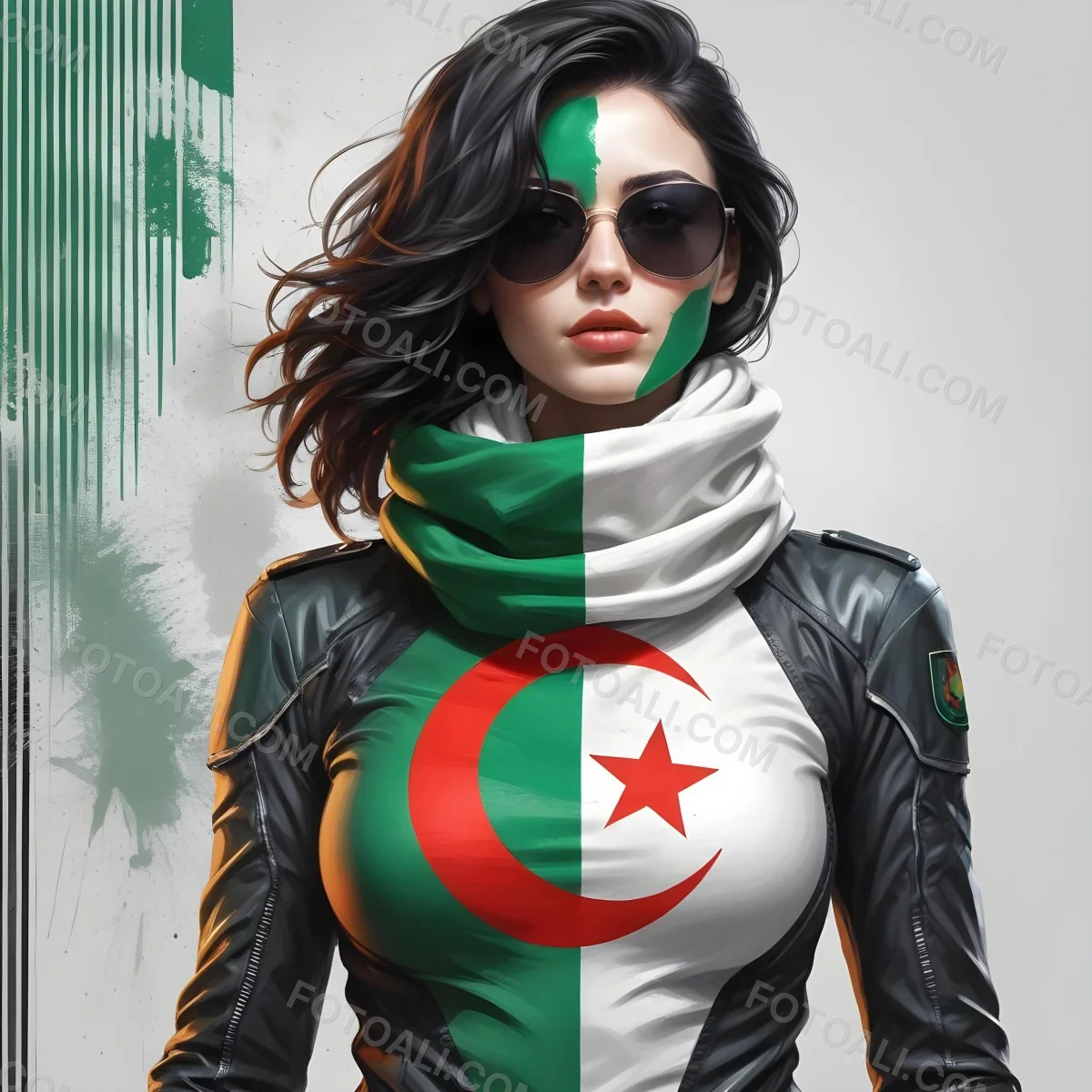 A 25 Year Old White Woman With Black Sunglasses And Wavy Black Hair Algeria Flag Painted On Her Face And Body White Scarf Futuristic Suit White Background 5 D49c
