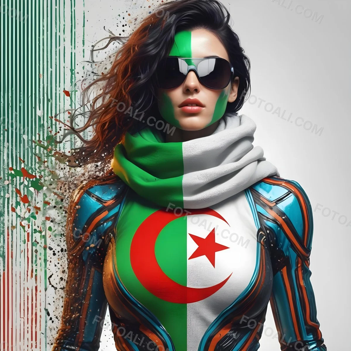 A 25 Year Old White Woman With Black Sunglasses And Wavy Black Hair Algeria Flag Painted On Her Face And Body White Scarf Futuristic Suit White Background 6 15b9