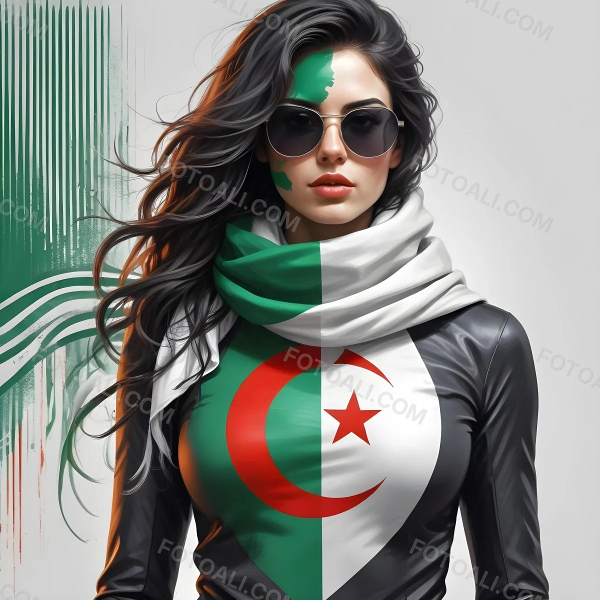 A 25 Year Old White Woman With Black Sunglasses And Wavy Black Hair Algeria Flag Painted On Her Face And Body White Scarf Futuristic Suit White Background 7 2bad
