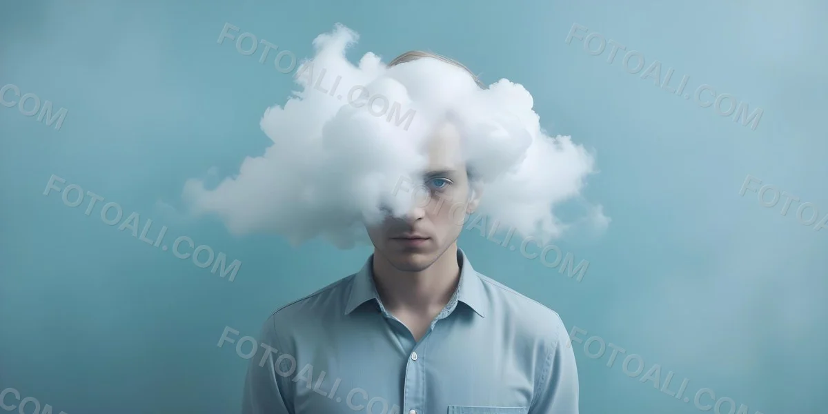 A 30 Year Old White Man With A Cloud Covering His Face Light Blue Background 12 3a1c