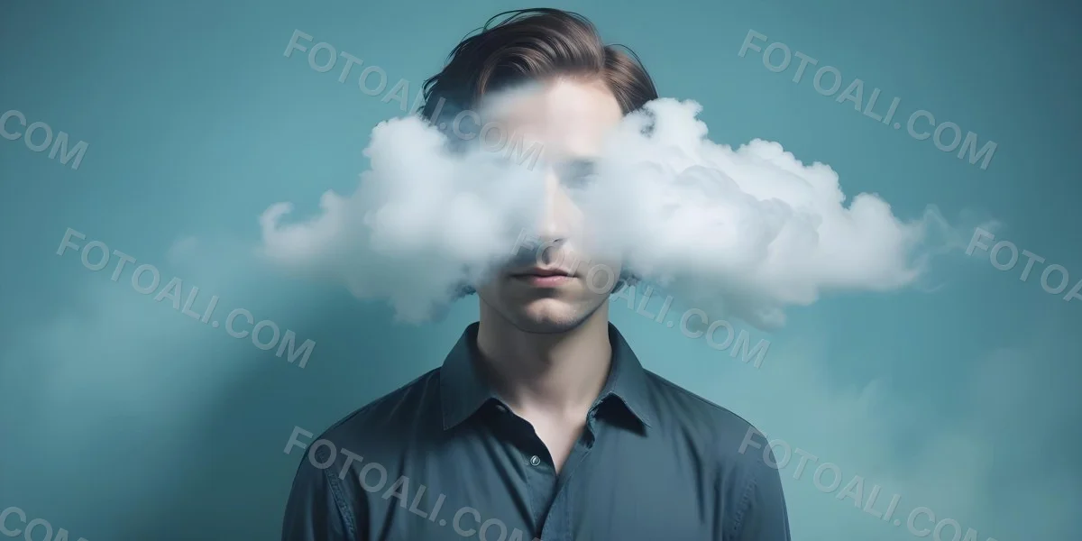 A 30 Year Old White Man With A Cloud Covering His Face Light Blue Background 16 1d58