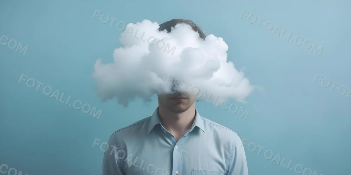 A 30 Year Old White Man With A Cloud Covering His Face Light Blue Background 2 C827