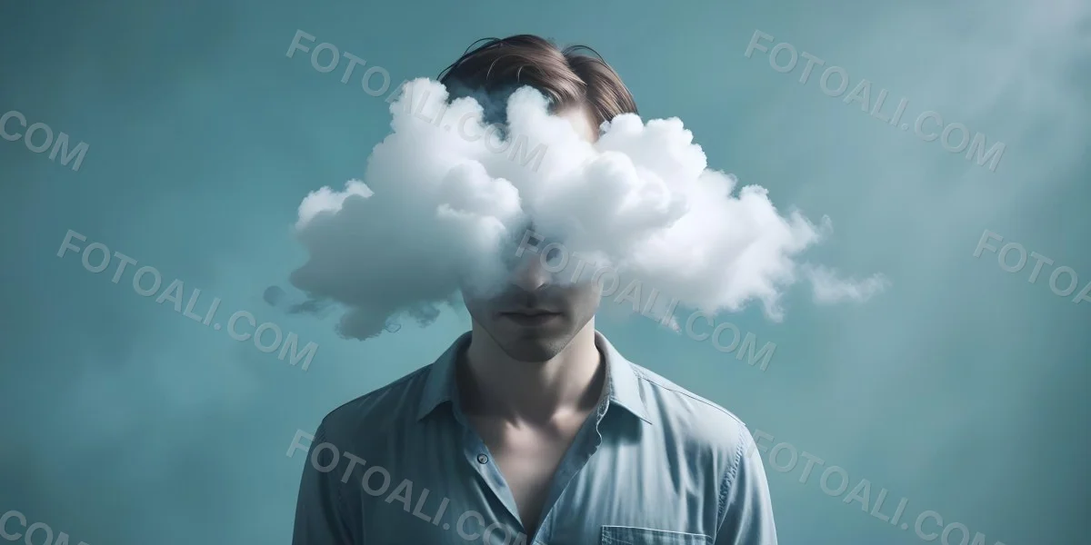 A 30 Year Old White Man With A Cloud Covering His Face Light Blue Background 25 B018