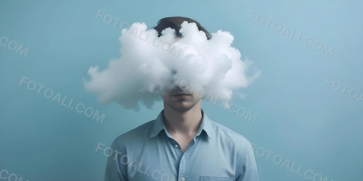 A 30 Year Old White Man With A Cloud Covering His Face Light Blue Background 31 A33a