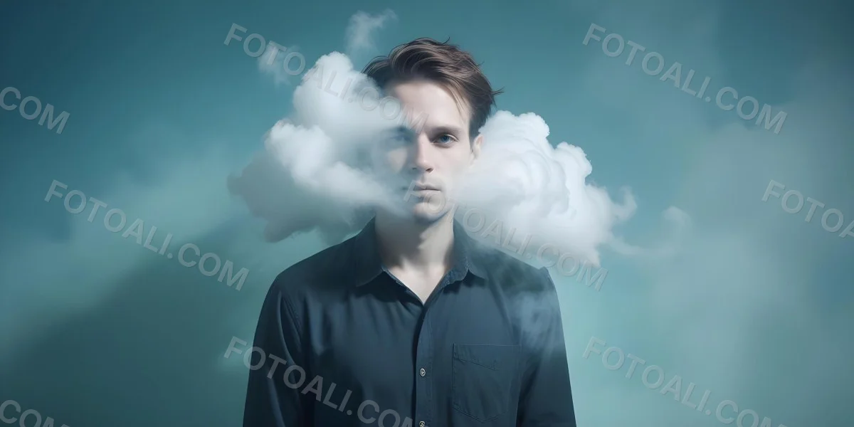 A 30 Year Old White Man With A Cloud Covering His Face Light Blue Background 35 2132