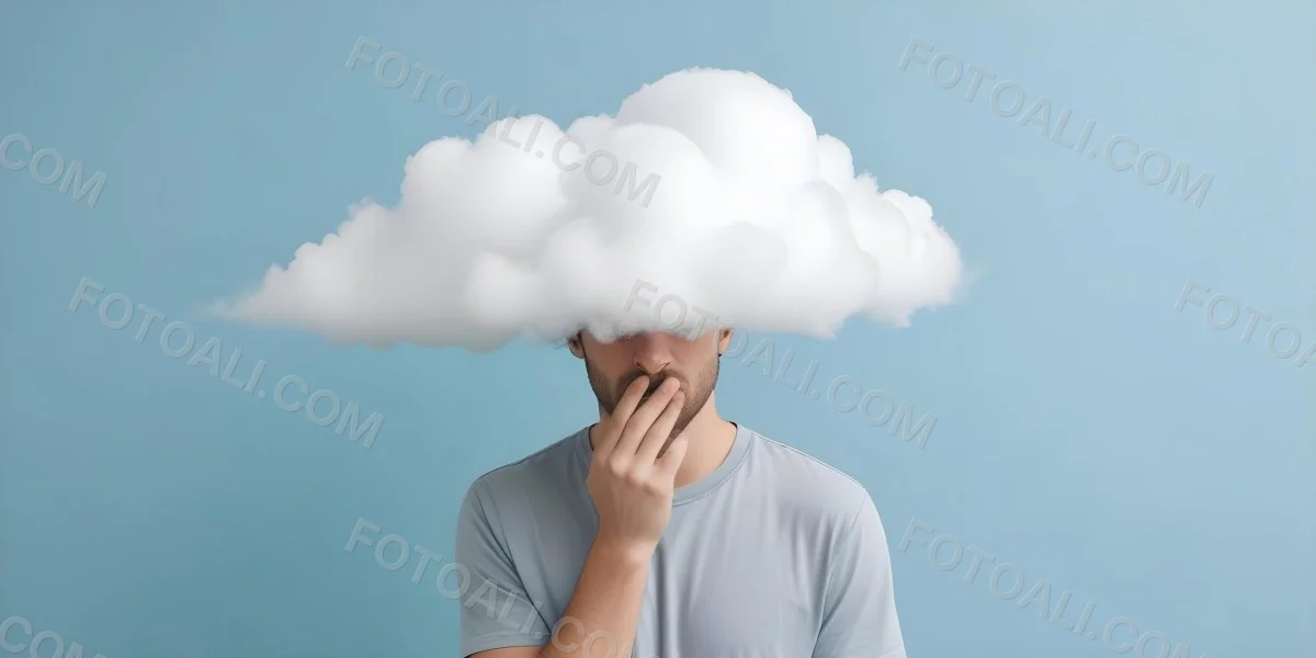 A 30 Year Old White Man With A Cloud Covering His Face Light Blue Background 39 564b