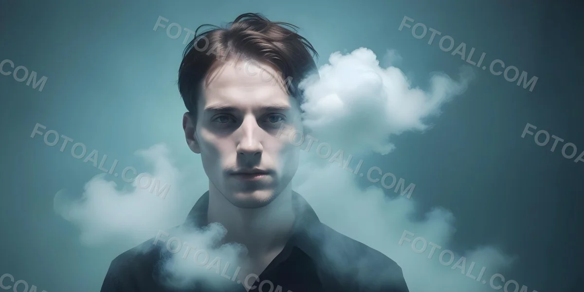 A 30 Year Old White Man With A Cloud Covering His Face Light Blue Background 40 E91b