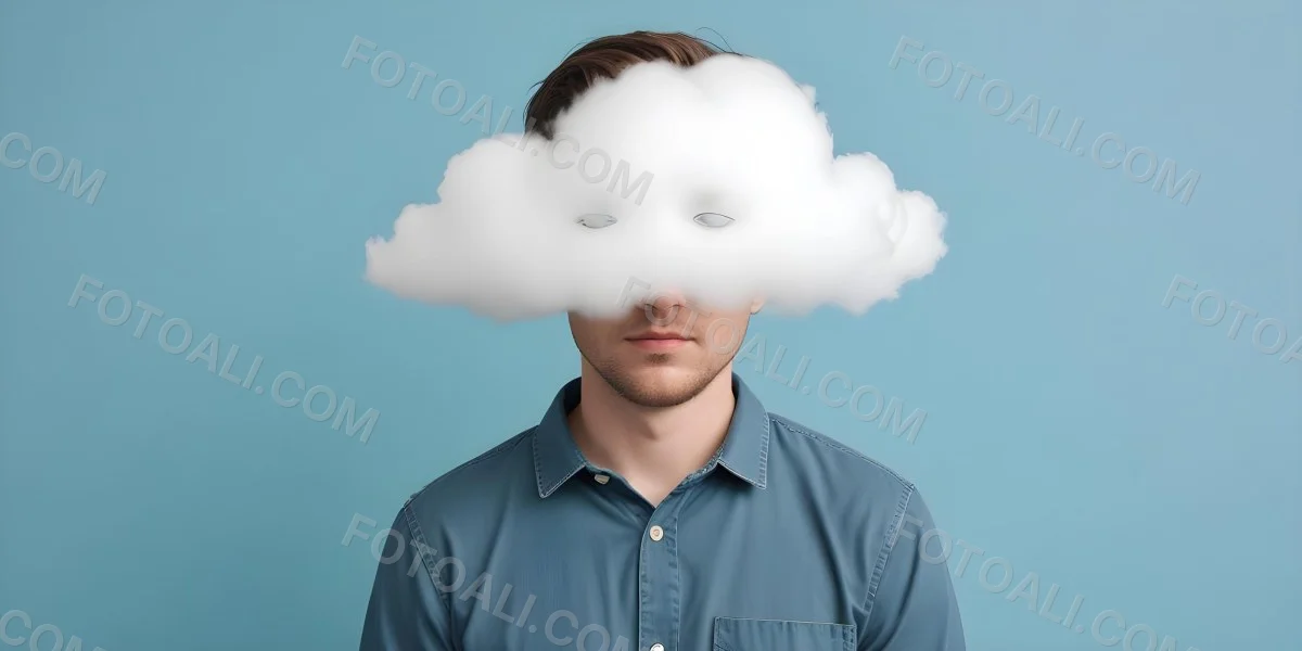 A 30 Year Old White Man With A Cloud Covering His Face Light Blue Background 41 Db91