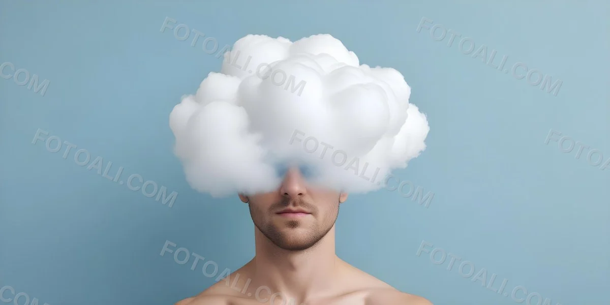 A 30 Year Old White Man With A Cloud Covering His Face Light Blue Background 43 7f22
