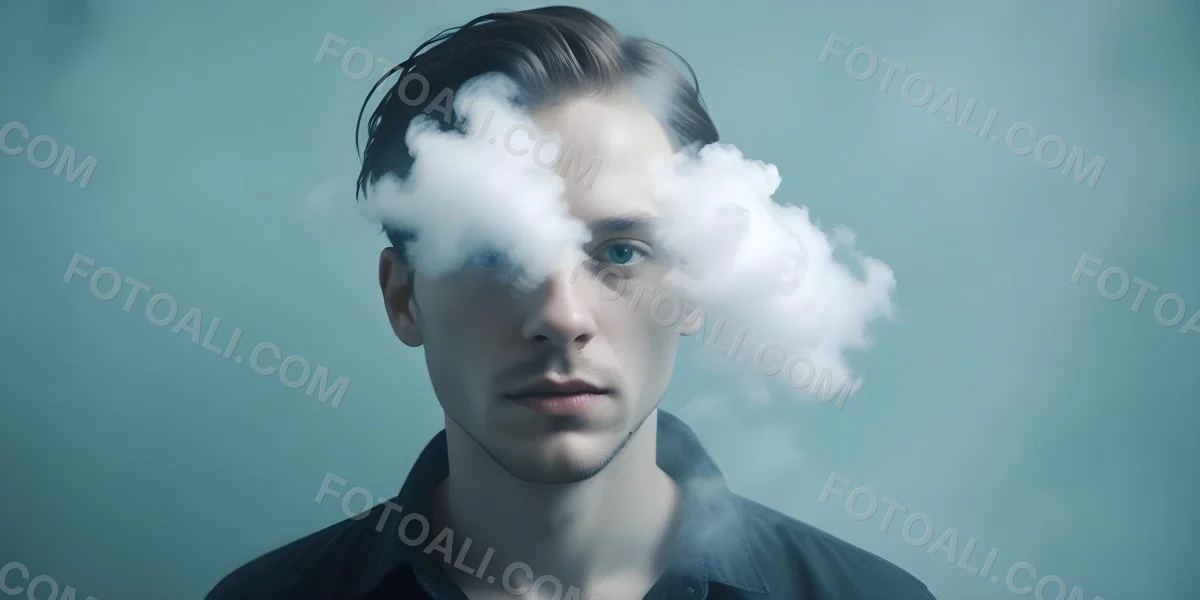 A 30 Year Old White Man With A Cloud Covering His Face Light Blue Background 44 4d68