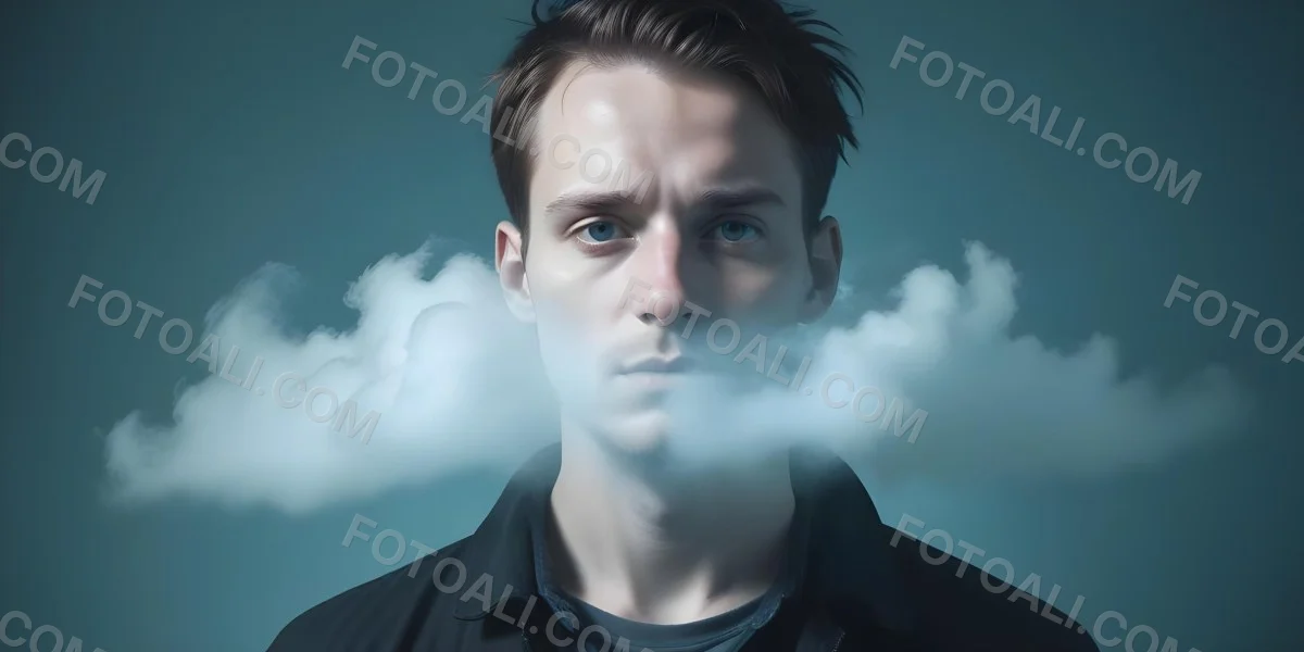 A 30 Year Old White Man With A Cloud Covering His Face Light Blue Background 46 06da
