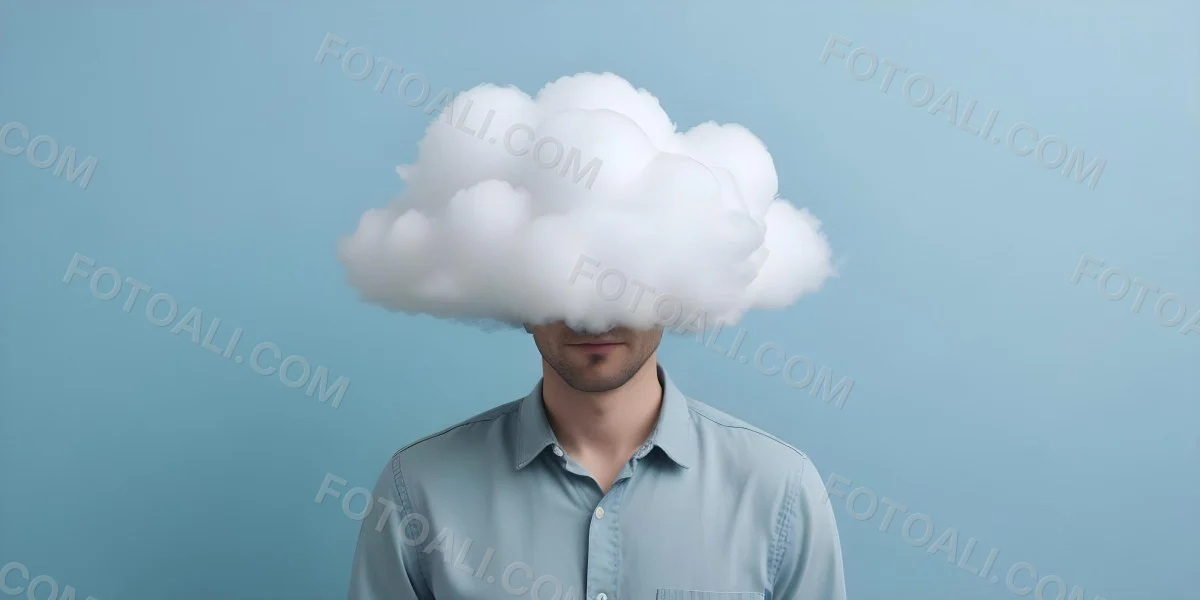 A 30 Year Old White Man With A Cloud Covering His Face Light Blue Background 5 56c2