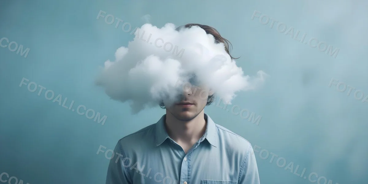 A 30 Year Old White Man With A Cloud Covering His Face Light Blue Background 6 Cf2e