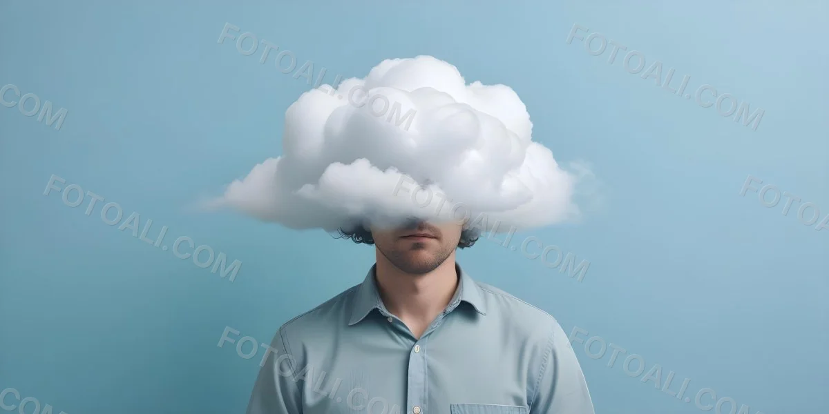 A 30 Year Old White Man With A Cloud Covering His Face Light Blue Background 9 6945
