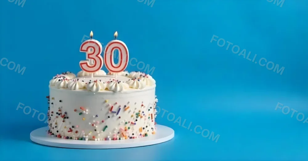 A 30th Birthday Cake With Candles On Top White Frosting And Sprinkles On A Blue Background 1 F733