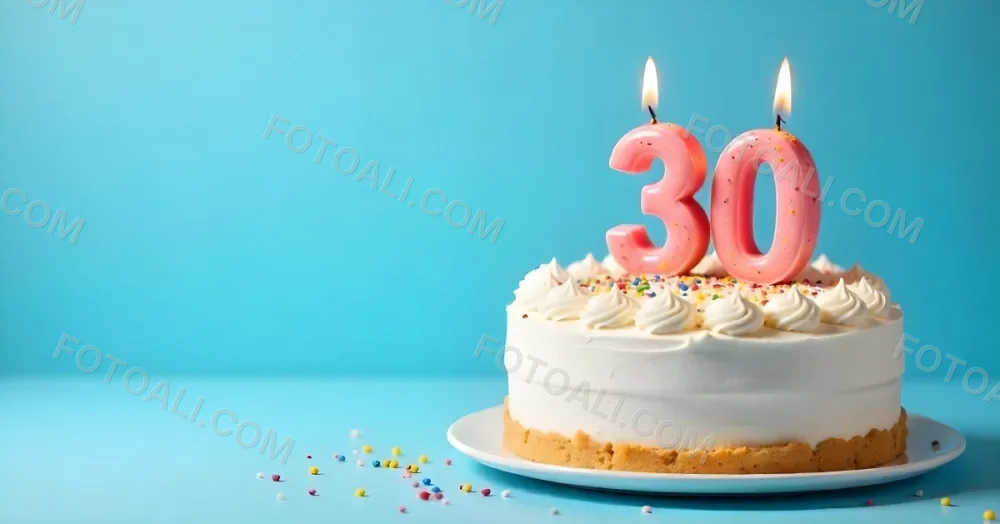 A 30th Birthday Cake With Candles On Top White Frosting And Sprinkles On A Blue Background 12 99ae