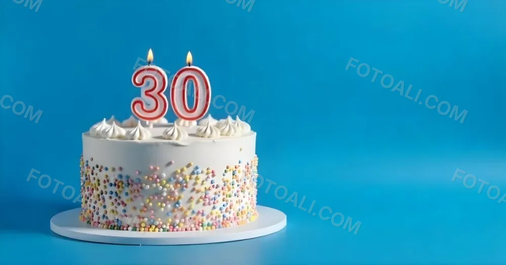 A 30th Birthday Cake With Candles On Top White Frosting And Sprinkles On A Blue Background 15 8033