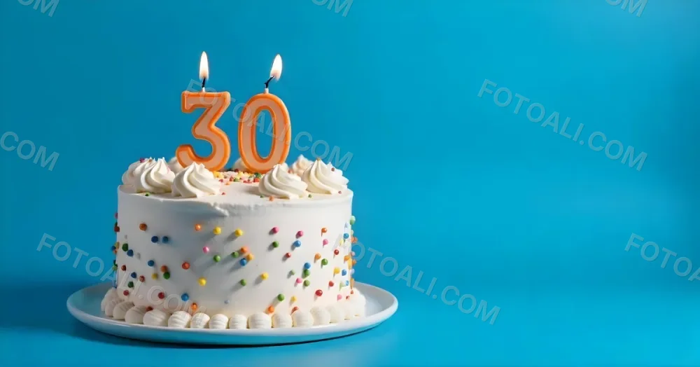 A 30th Birthday Cake With Candles On Top White Frosting And Sprinkles On A Blue Background 16 2322