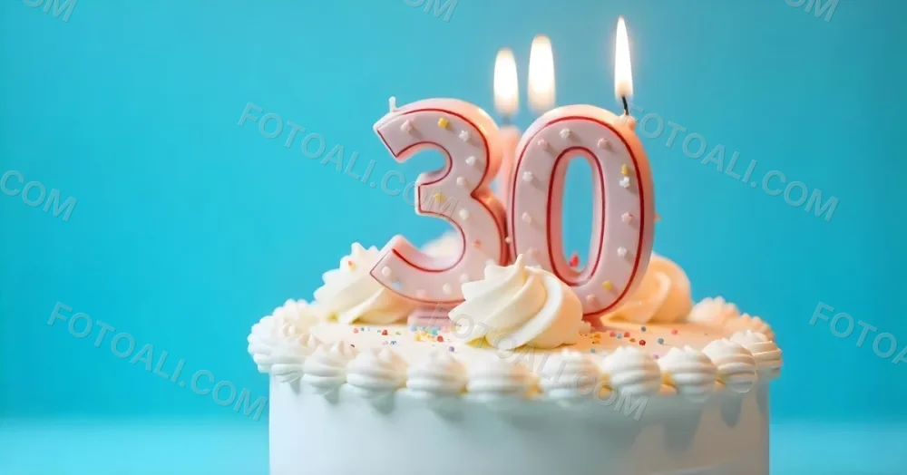 A 30th Birthday Cake With Candles On Top White Frosting And Sprinkles On A Blue Background 2 Ffa5