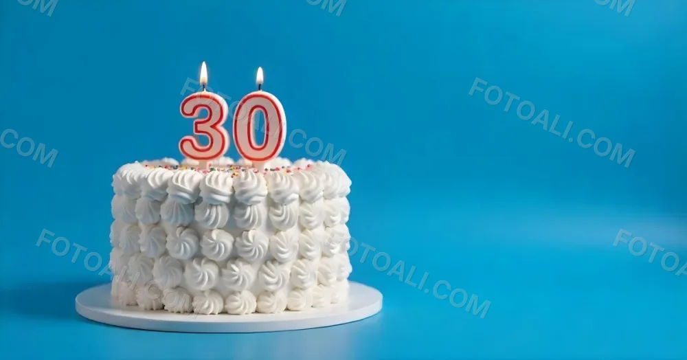 A 30th Birthday Cake With Candles On Top White Frosting And Sprinkles On A Blue Background 21 E7b7