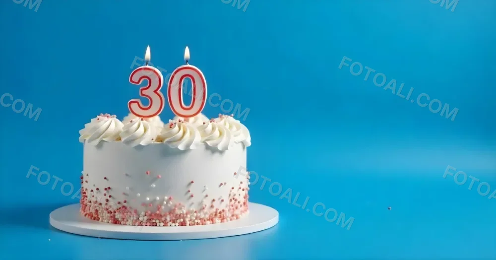 A 30th Birthday Cake With Candles On Top White Frosting And Sprinkles On A Blue Background 23 6826