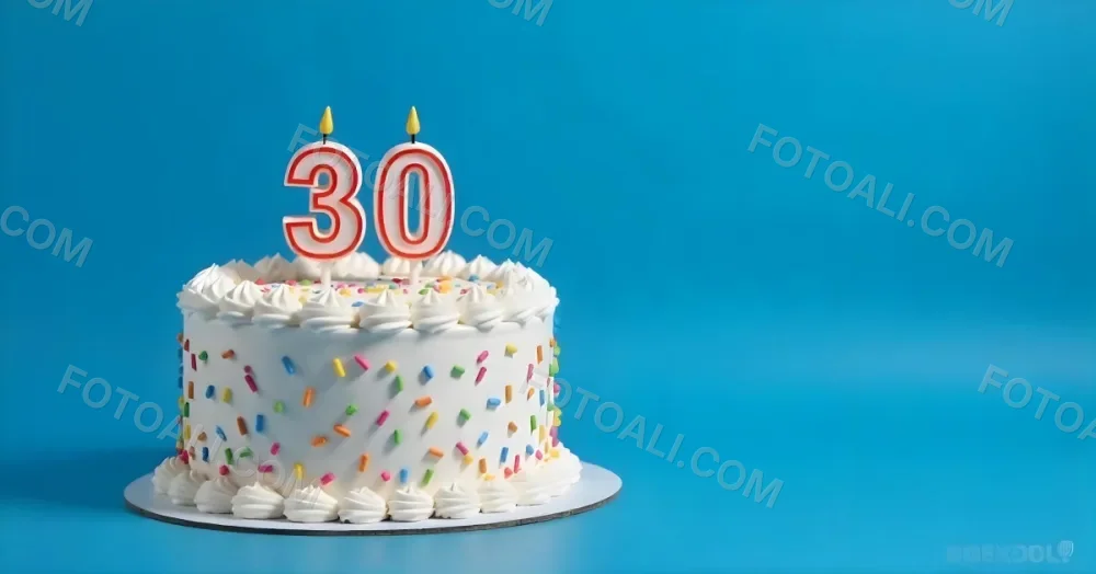A 30th Birthday Cake With Candles On Top White Frosting And Sprinkles On A Blue Background 24 8c77