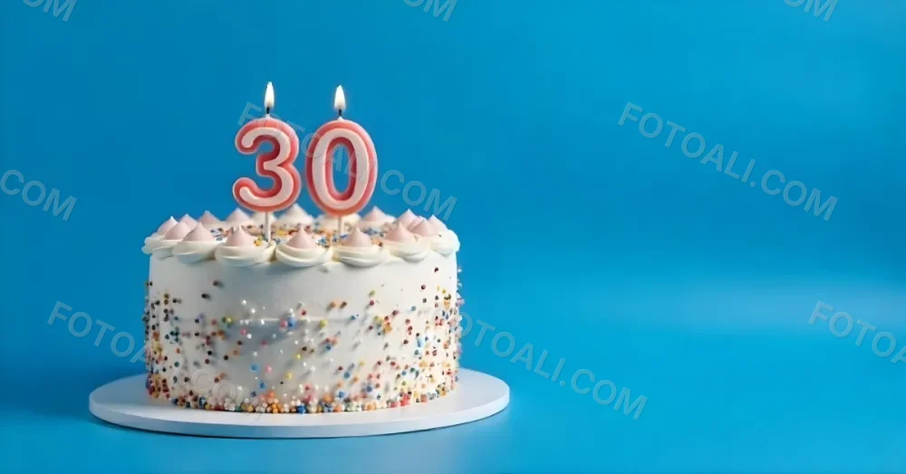 A 30th Birthday Cake With Candles On Top White Frosting And Sprinkles On A Blue Background 3 4403