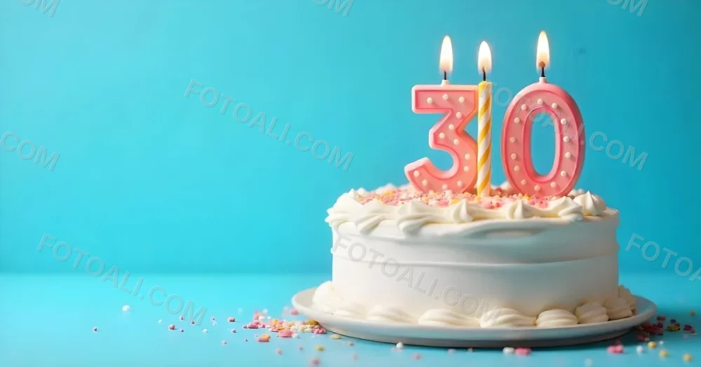 A 30th Birthday Cake With Candles On Top White Frosting And Sprinkles On A Blue Background 4 3556