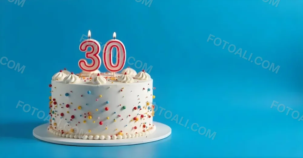 A 30th Birthday Cake With Candles On Top White Frosting And Sprinkles On A Blue Background 5 36f1