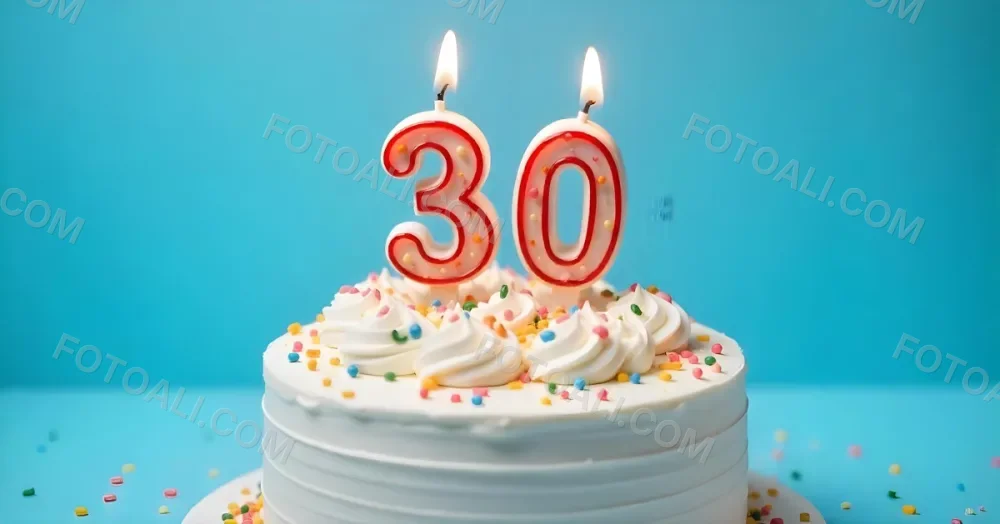 A 30th Birthday Cake With Candles On Top White Frosting And Sprinkles On A Blue Background 6 3c29