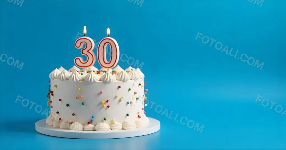 A 30th Birthday Cake With Candles On Top White Frosting And Sprinkles On A Blue Background 7 Ec71