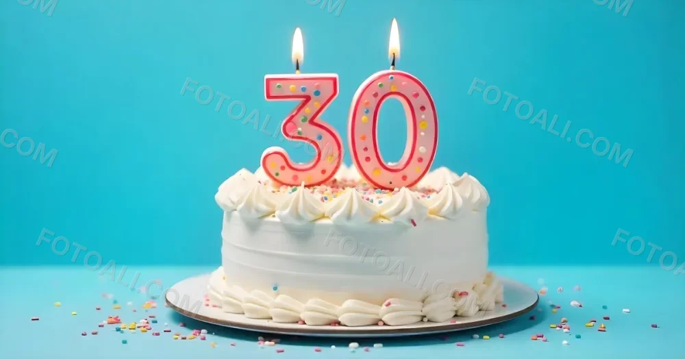 A 30th Birthday Cake With Candles On Top White Frosting And Sprinkles On A Blue Background 8 38bd