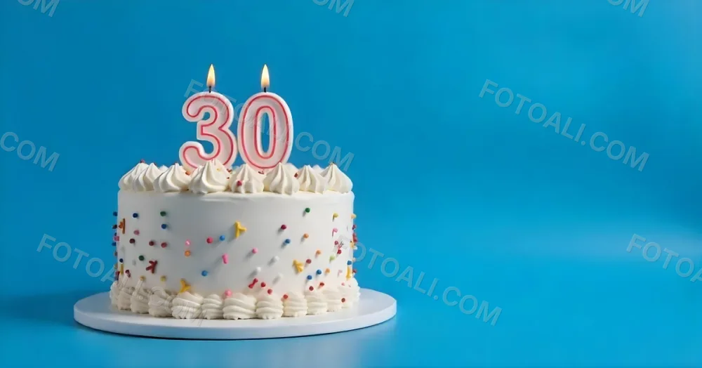 A 30th Birthday Cake With Candles On Top White Frosting And Sprinkles On A Blue Background 9 9e4c