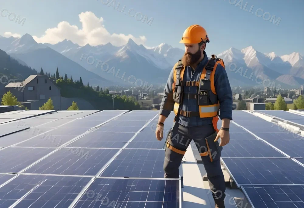 A 35 Year Old Caucasian Man With A Beard Wearing A Helmet And A Safety Vest Inspecting Solar Panels On A Rooftop With A Mountain In The Background 1 0e5f