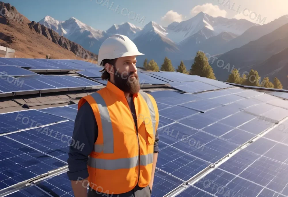A 35 Year Old Caucasian Man With A Beard Wearing A Helmet And A Safety Vest Inspecting Solar Panels On A Rooftop With A Mountain In The Background 2 A130