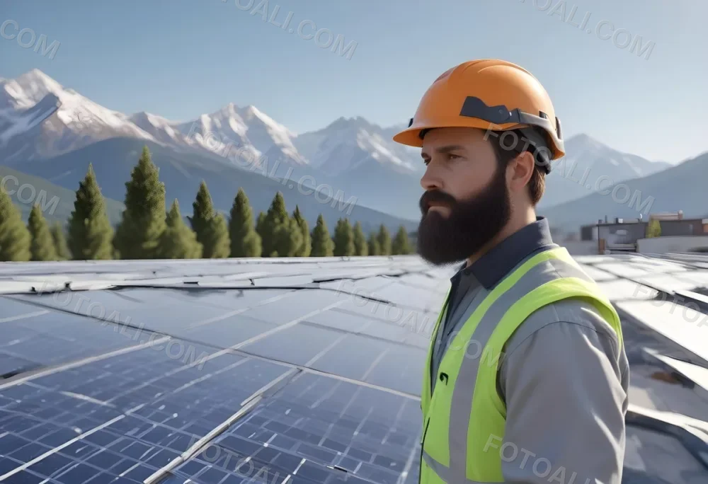 A 35 Year Old Caucasian Man With A Beard Wearing A Helmet And A Safety Vest Inspecting Solar Panels On A Rooftop With A Mountain In The Background 3 0587