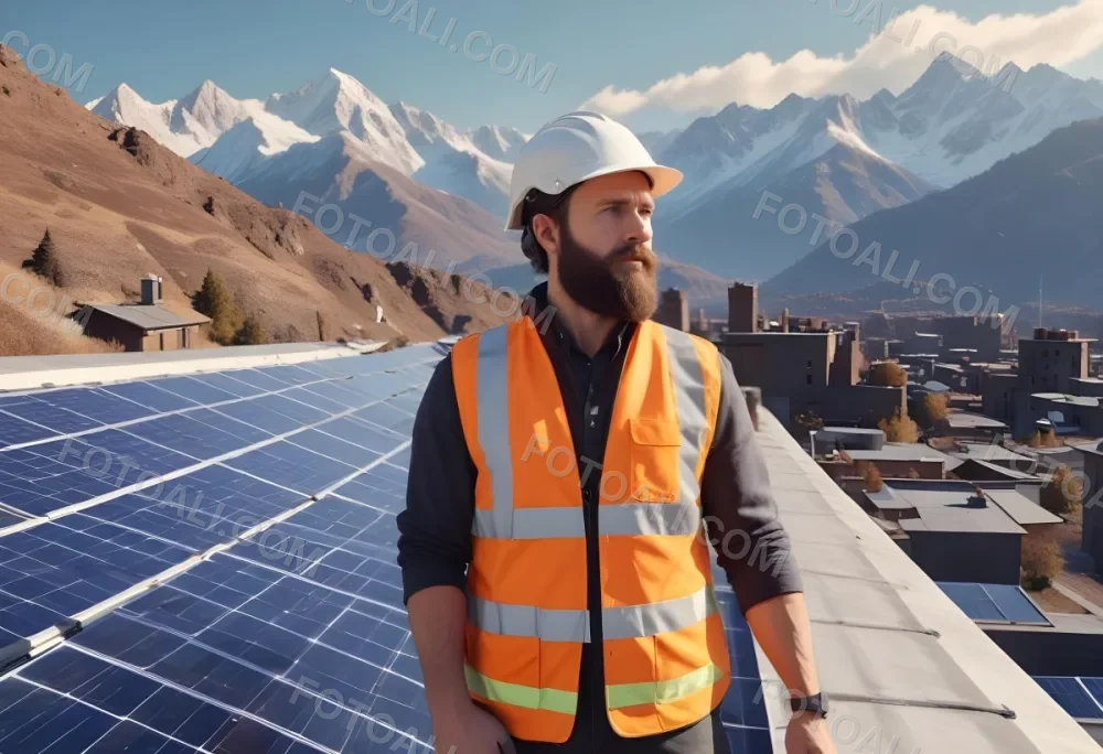 A 35 Year Old Caucasian Man With A Beard Wearing A Helmet And A Safety Vest Inspecting Solar Panels On A Rooftop With A Mountain In The Background 4 2f63