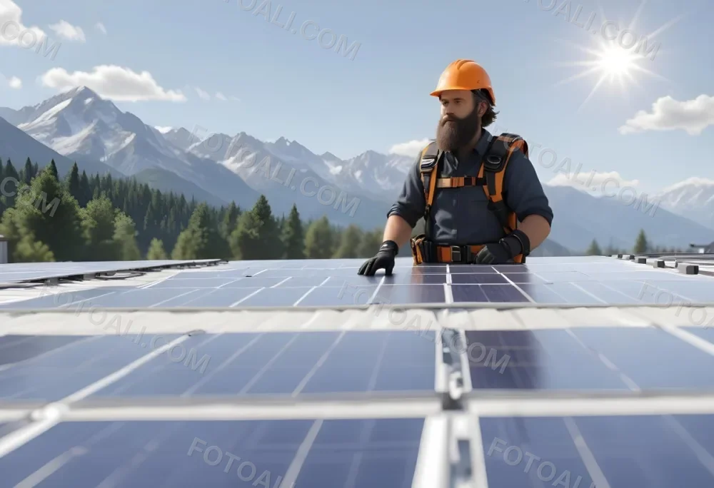 A 35 Year Old Caucasian Man With A Beard Wearing A Helmet And A Safety Vest Inspecting Solar Panels On A Rooftop With A Mountain In The Background 5 2916