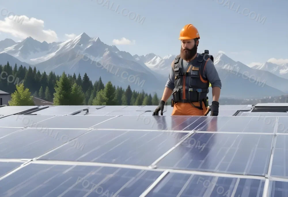 A 35 Year Old Caucasian Man With A Beard Wearing A Helmet And A Safety Vest Inspecting Solar Panels On A Rooftop With A Mountain In The Background 7 F69d